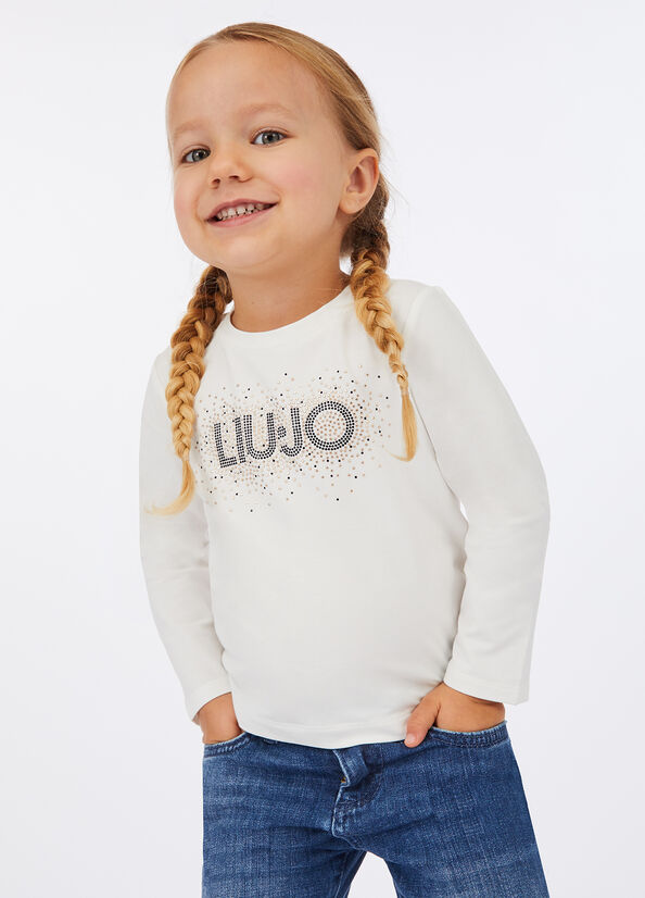 T-shirt in cotone con logo e strass